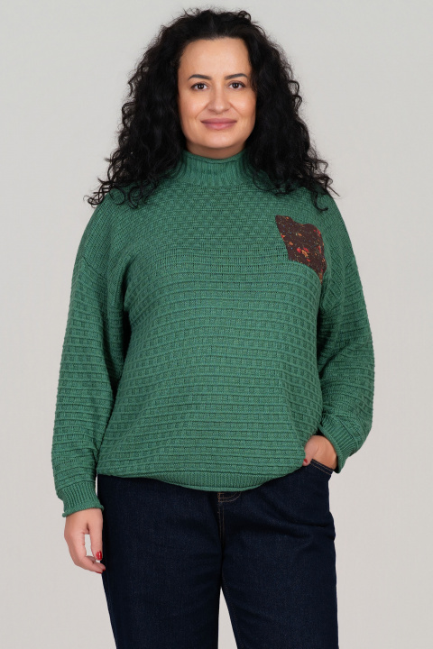 МАКСИ пуловер в зелено, полуполо с кафяв джоб