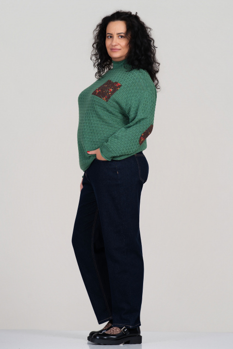 МАКСИ пуловер в зелено, полуполо с кафяв джоб