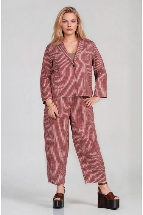 МАКСИ раиран комплект от сако и панталон в цвят керемида с ленен ефект