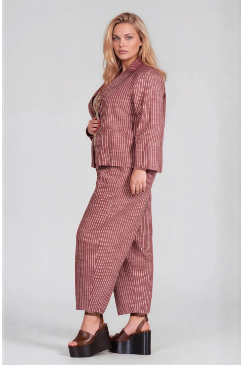 МАКСИ раиран комплект от сако и панталон в цвят керемида с ленен ефект