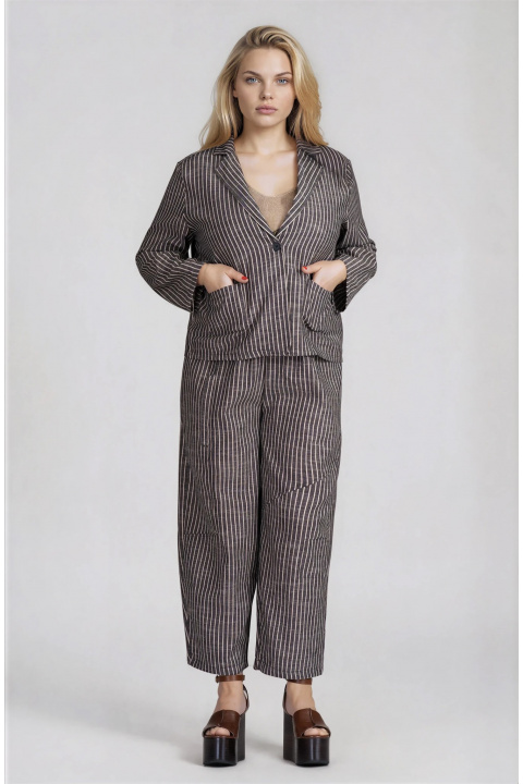 МАКСИ раиран комплект от сако и панталон в сиво с ленен ефект