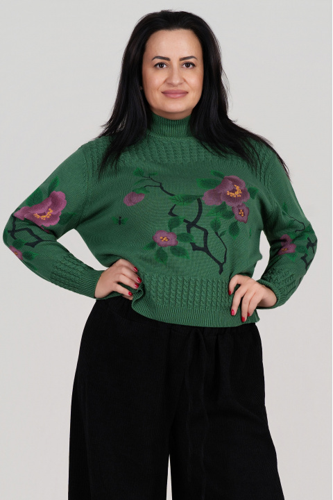 МАКСИ релефно плетен пуловер в зелено с флорален принт