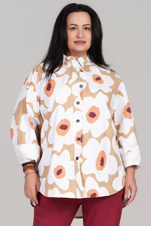 МАКСИ риза ''Dragonfly'' от памук в бежово с флорален принт и свободен силует