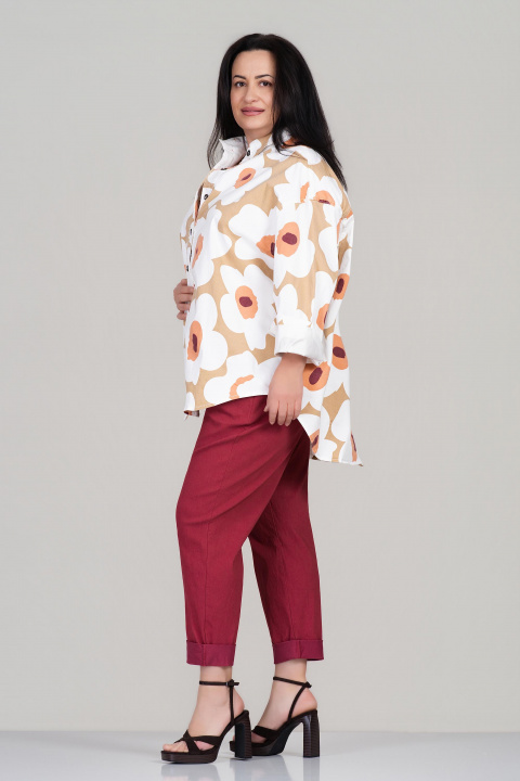 МАКСИ риза ''Dragonfly'' от памук в бежово с флорален принт и свободен силует