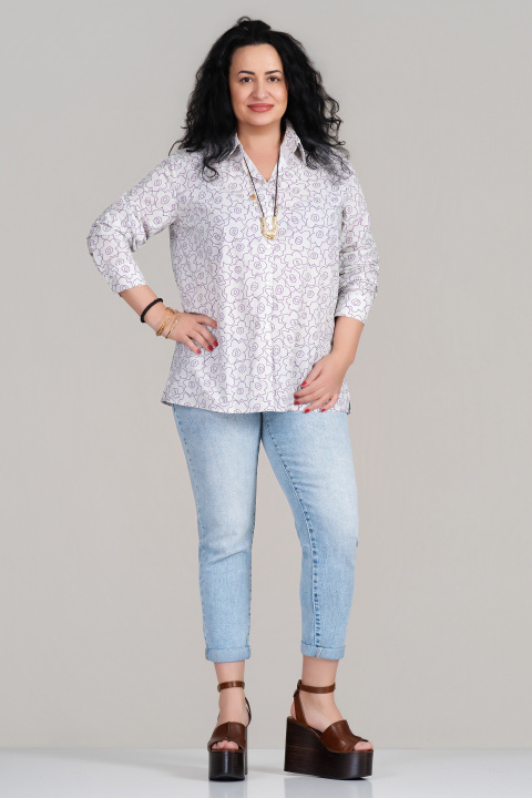 МАКСИ риза ''Dragonfly'' от памук в бяло с лилав флорален принт