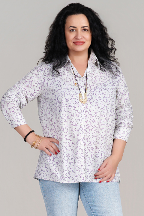 МАКСИ риза ''Dragonfly'' от памук в бяло с лилав флорален принт