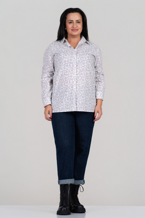 МАКСИ риза ''Dragonfly'' от памук в бяло с лилав флорален принт