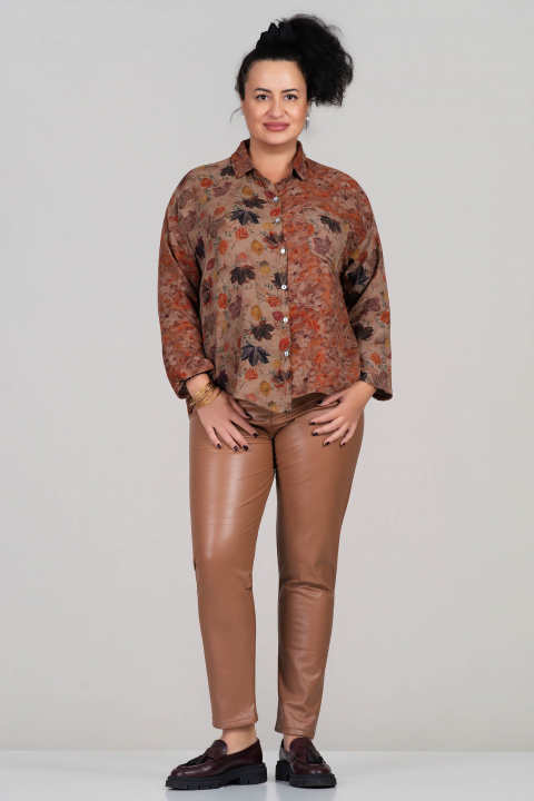 МАКСИ риза от памук в бежово с принт на есенни листа