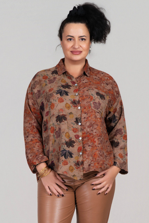 МАКСИ риза от памук в бежово с принт на есенни листа