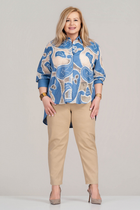 Макси риза от памук в синьо с бежова бродерия и издължен гръб