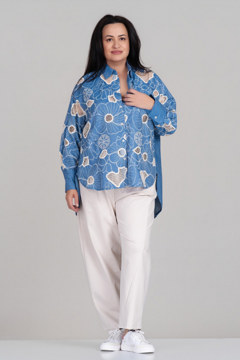 Макси риза от памук в синьо с рязана бродерия и свободна кройка