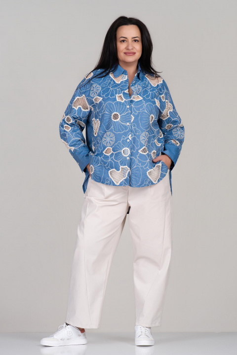 Макси риза от памук в синьо с рязана бродерия и свободна кройка