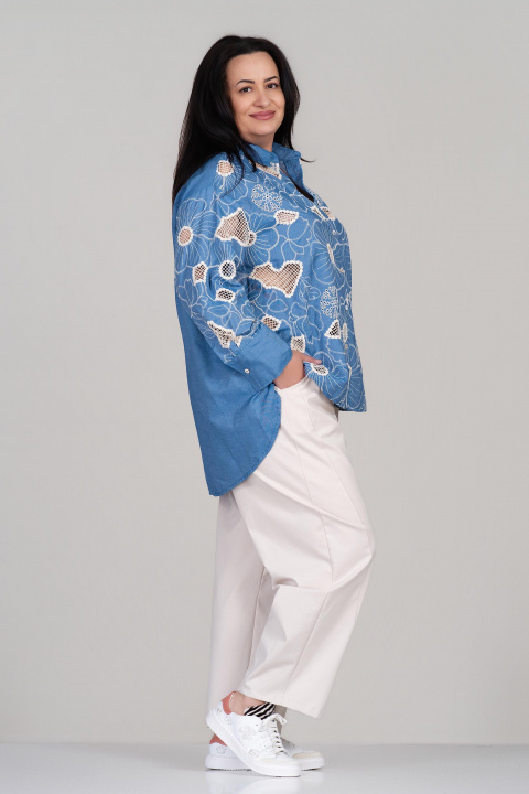 Макси риза от памук в синьо с рязана бродерия и свободна кройка