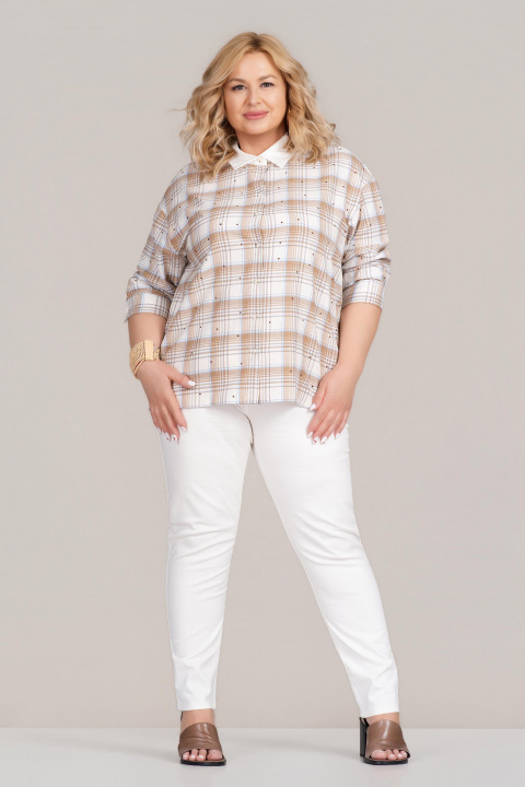 МАКСИ риза с кариран принт в бежово и декорирани камъни