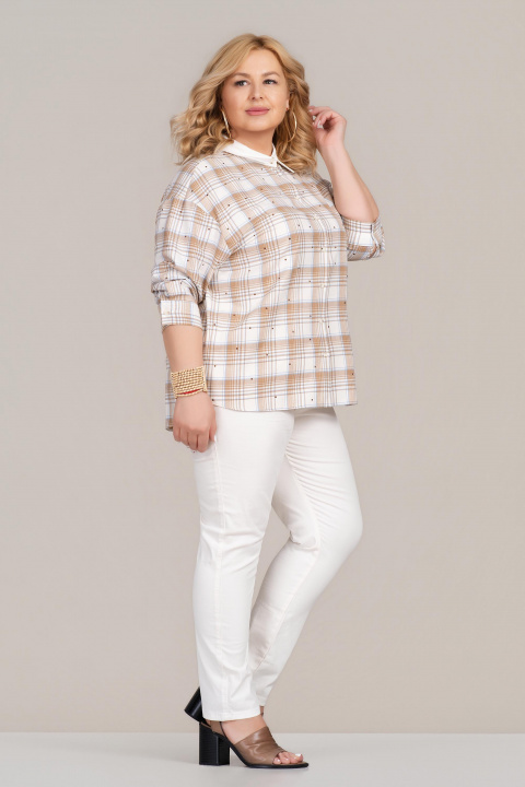 МАКСИ риза с кариран принт в бежово и декорирани камъни