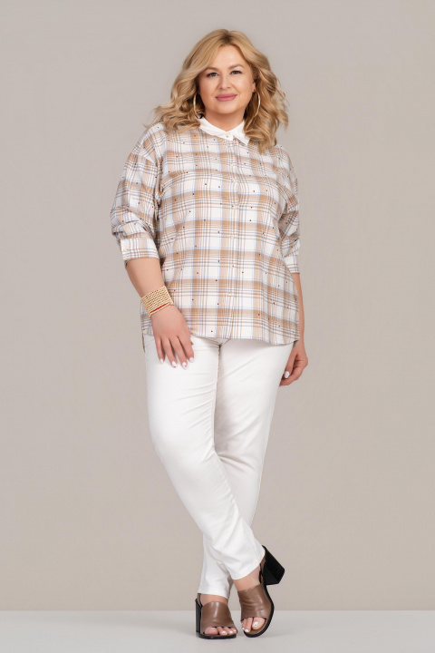 МАКСИ риза с кариран принт в бежово и декорирани камъни