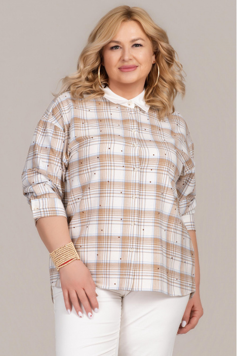 МАКСИ риза с кариран принт в бежово и декорирани камъни