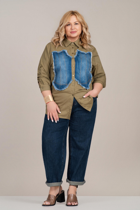 Макси риза в цвят милитъри с прешит деним акцент