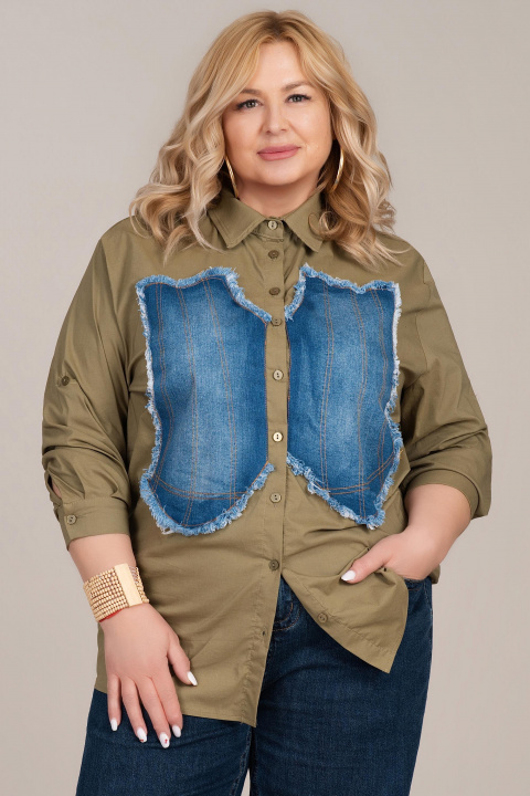 Макси риза в цвят милитъри с прешит деним акцент