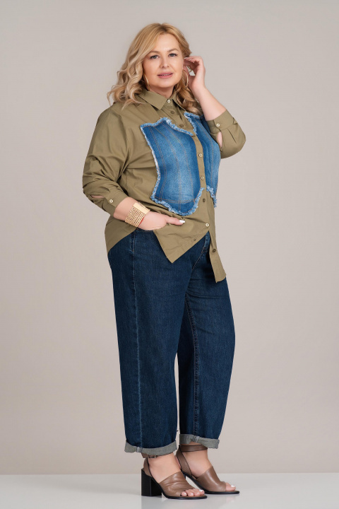 Макси риза в цвят милитъри с прешит деним акцент