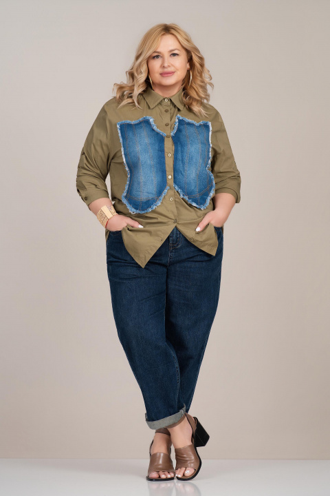 Макси риза в цвят милитъри с прешит деним акцент