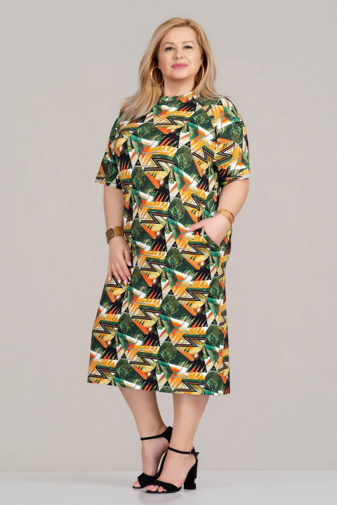 МАКСИ рокля от еластично трико в зелено с цветен геометричен принт