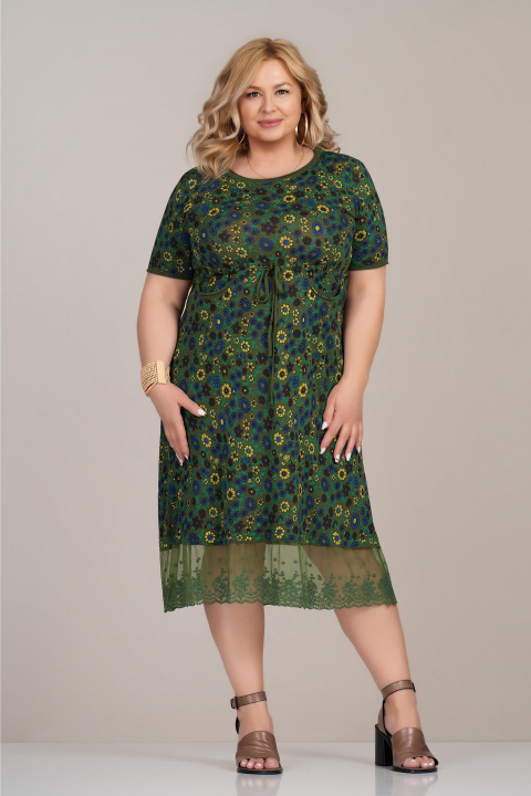 Макси рокля от фино плетиво в зелено с флорален принт, връзка в талията и тюлена платка в края