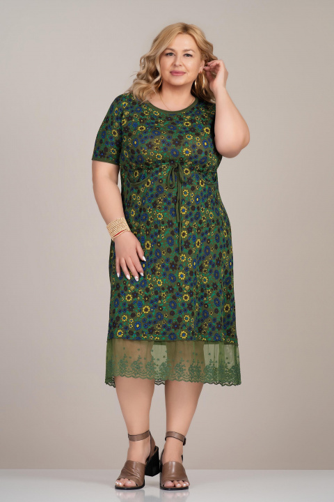 Макси рокля от фино плетиво в зелено с флорален принт, връзка в талията и тюлена платка в края