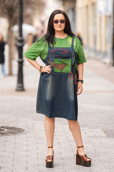 Макси рокля от памук в зелено с деним ефект и декоративни апликации