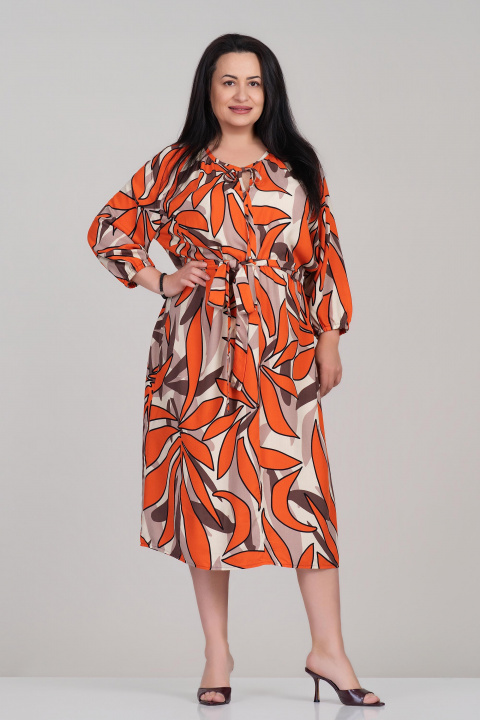 МАКСИ рокля от вискоза в оранжево с абстрактен принт и колан в талията