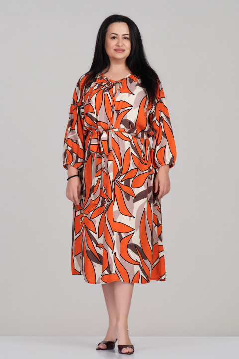 МАКСИ рокля от вискоза в оранжево с абстрактен принт и колан в талията