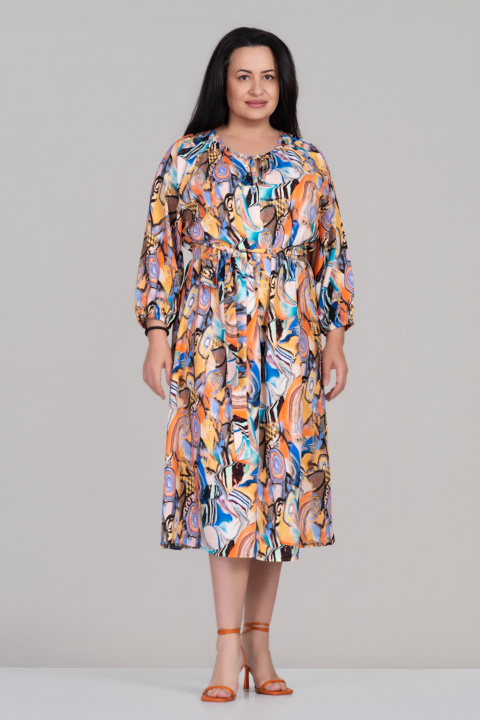 Макси рокля с многоцветен акварелен принт и колан в талията