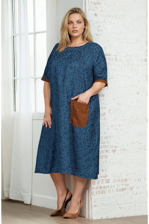 МАКСИ рокля в синьо с флорален принт и кафяви джобове