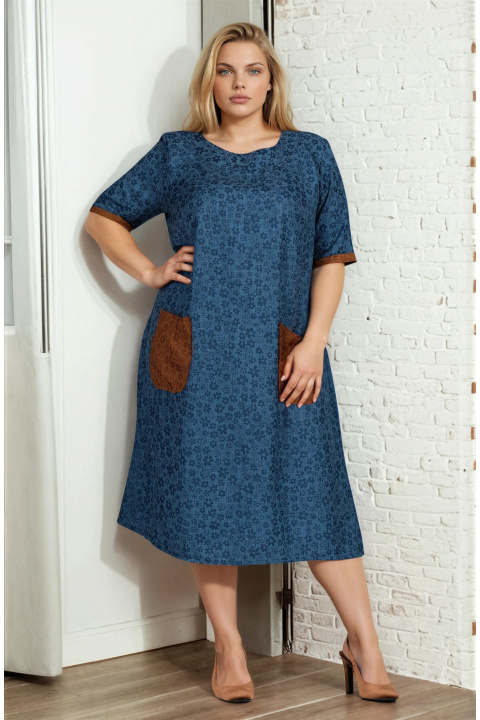 МАКСИ рокля в синьо с флорален принт и кафяви джобове