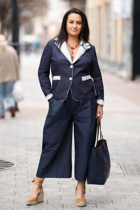 МАКСИ сако от памук в деним стил с цвете на ревера