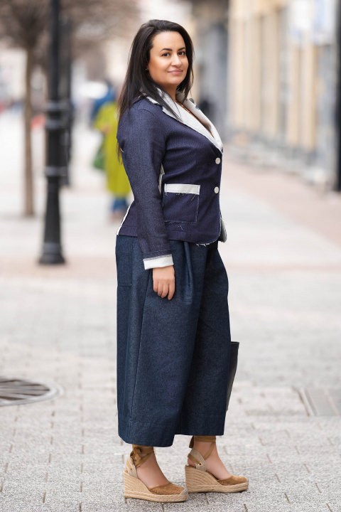 МАКСИ сако от памук в деним стил с цвете на ревера