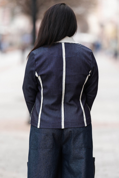 МАКСИ сако от памук в деним стил с цвете на ревера