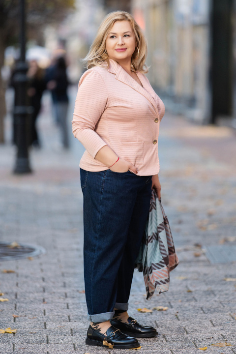 Макси сако от памук в розово със сребристо райе