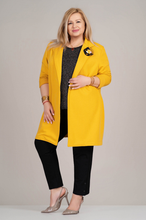 МАКСИ сако в жълто с издължена кройка и декорирано цвете на ревера