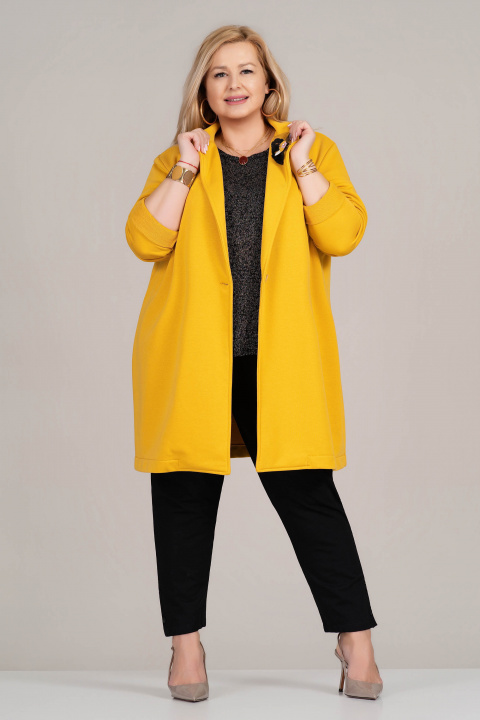 МАКСИ сако в жълто с издължена кройка и декорирано цвете на ревера