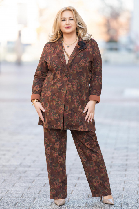 Макси сако в кафяво с флорален принт и издължена кройка