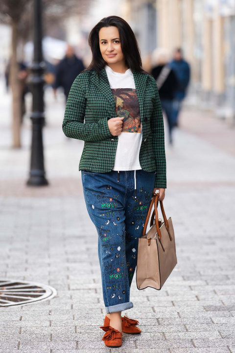 Макси сако в зелено с принт черен пепит