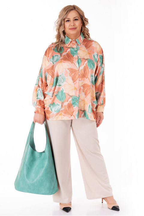 МАКСИ сатенирана риза в цвят праскова с принт цветя в зелено, бежово и жълто