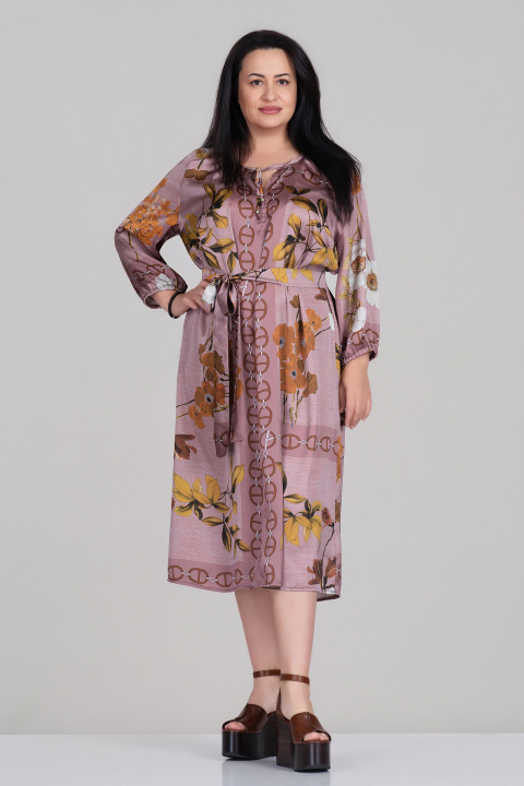 МАКСИ сатенирана рокля в лилаво с флорален принт и колан в талията