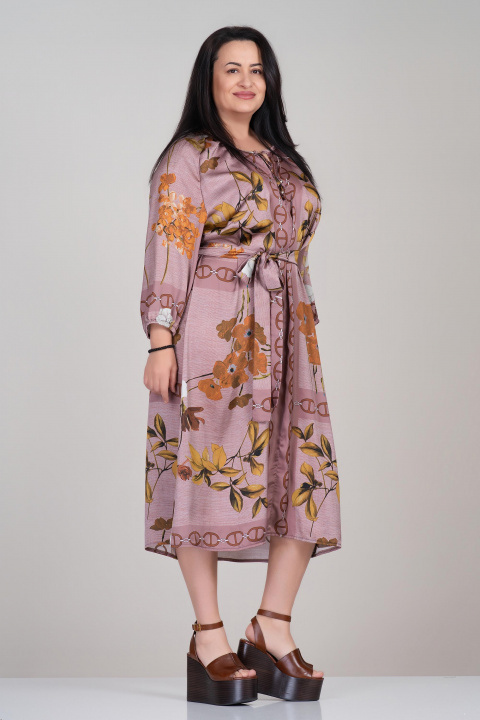 МАКСИ сатенирана рокля в лилаво с флорален принт и колан в талията