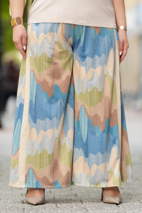Макси широк панталон с ластик в талията и акварелен принт в синьо, зелено и бежово