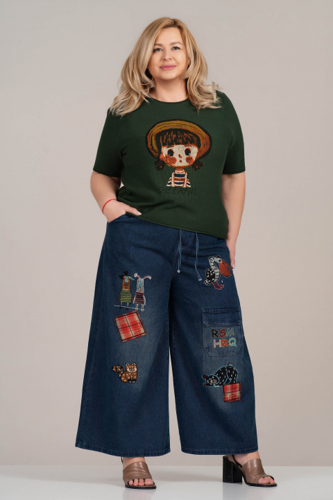 МАКСИ широки дънки в синьо с бродирани животни и ластична талия с връзки