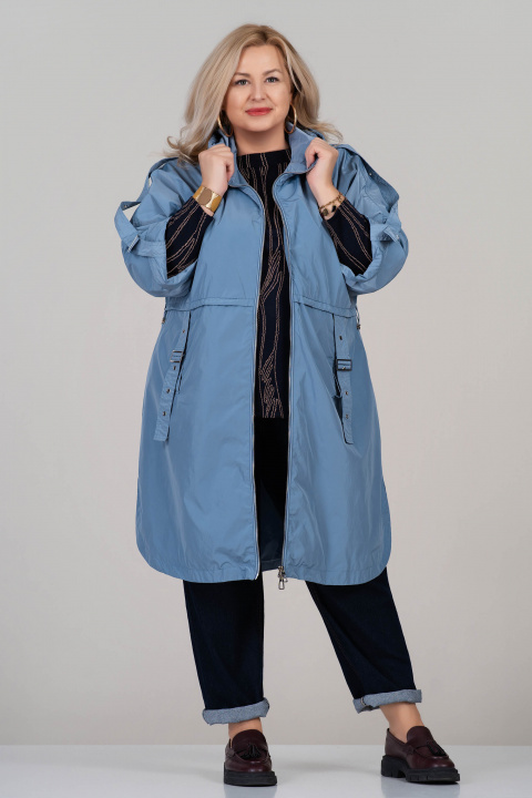 Макси шлифер в синьо с качулка, регулируеми ръкави и колан с тока