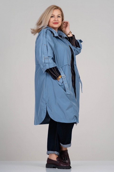 Макси шлифер в синьо с качулка, регулируеми ръкави и колан с тока