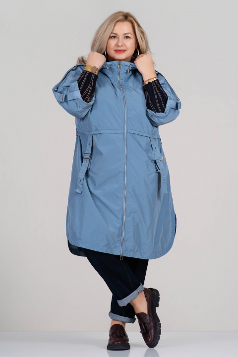 Макси шлифер в синьо с качулка, регулируеми ръкави и колан с тока